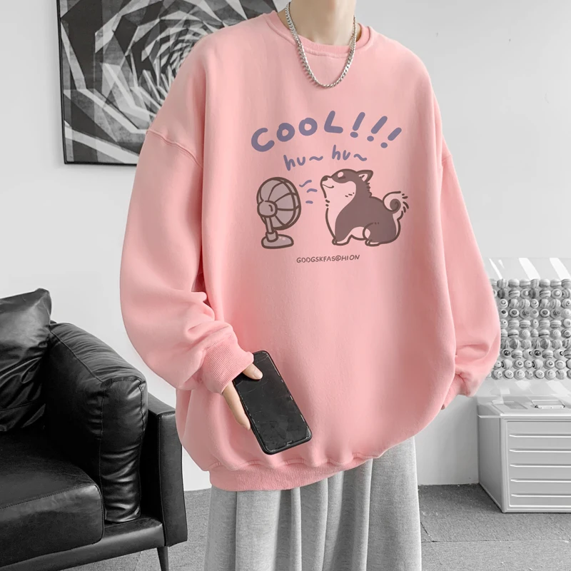 الربيع والخريف الرجال طاقم الرقبة الكلب طباعة أبيض أسود المشمش رمادي فاتح البلوز زوجين عارضة فضفاض الأزرق المخملية البلوز