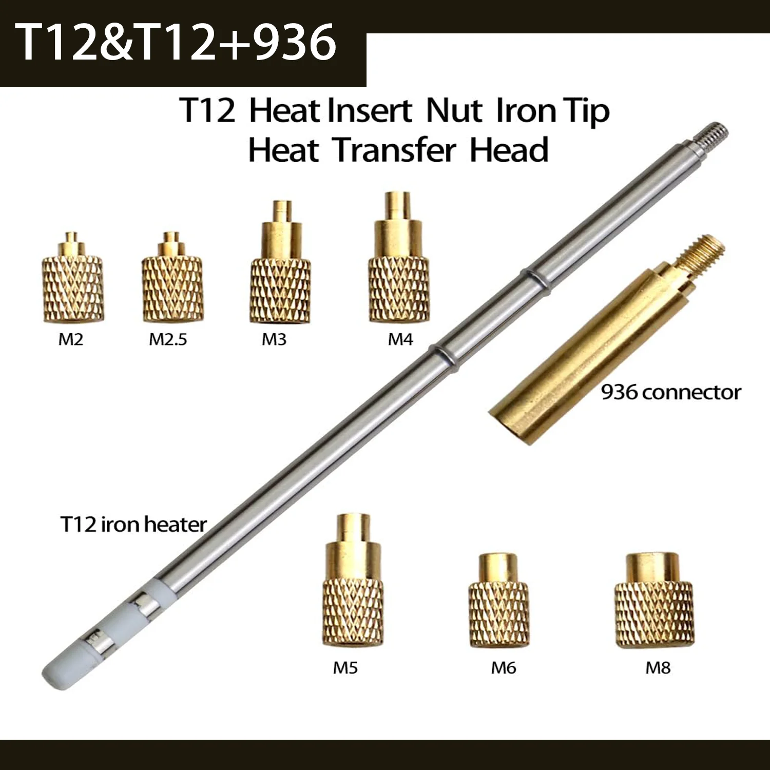 T12&T12 with  936 Heat Set Insert Tool Hot Melt Brass Knurled Nut Embedded Insertion Tip Adapter Kit For T12 Soldering Iron