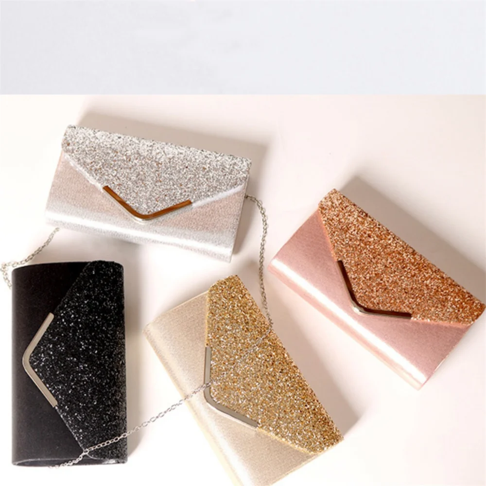 Women Envelope Evening Bag Glitter Ladies Chain Shoulder Bag Shiny Banquet Long Purse Female Wedding Party Clutch Mini Handbag