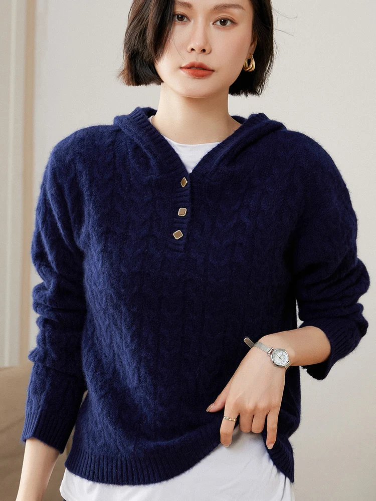 المرأة الكشمير هوديي الخيوط سترة 100% سترة كشميرية طويلة الأكمام عادية تريكو الخريف الشتاء سميكة متماسكة مقنعين