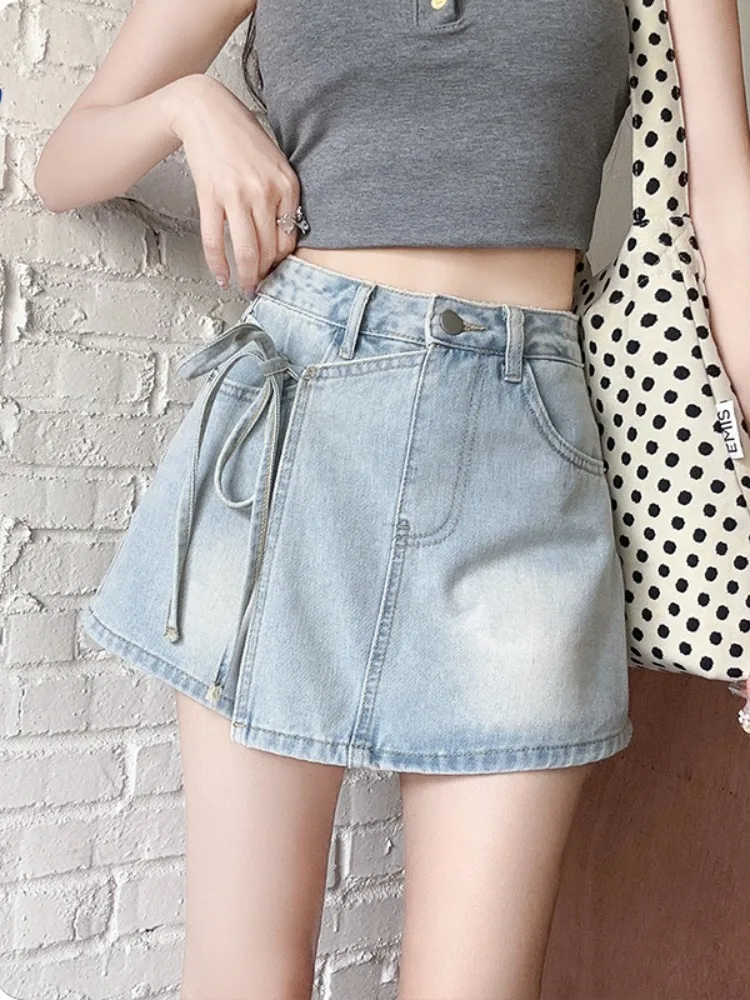 Zomer hoge taille ort ort orts dames denim rok broek knoop stropdas ontwerp onregelmatige verval pittige meisjesbroek