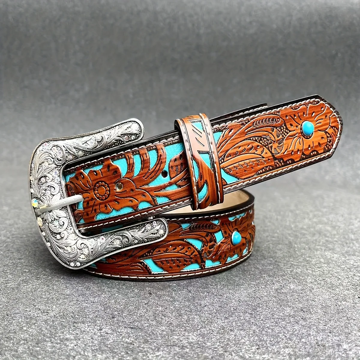 New Western Turquoise Color Cowboy Belt for Women Men, Vintage Engraved Waist Belt for Jeans Casual Accessories