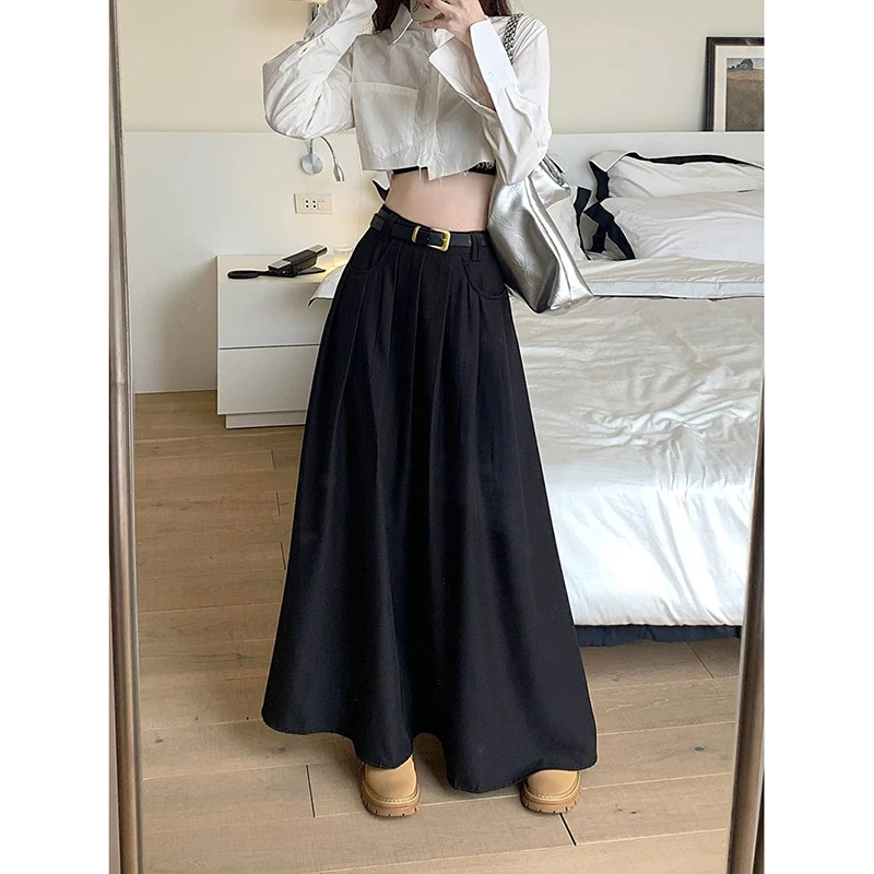 

Korean High Waist Long Skirt Women 2024 Fashion Pleated A Line Black Skirts Autumn Winter Office Ladies Skirt With Pocket