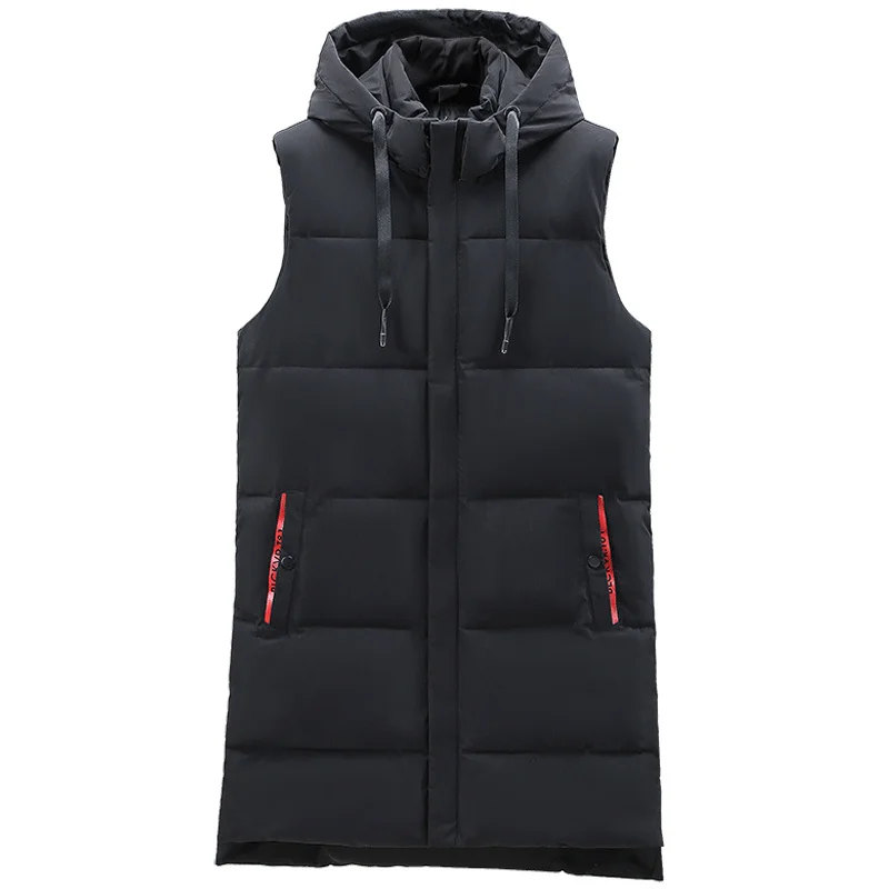 

Autumn Winter Men Long Black Vest Hooded 2023 New Brand Fashion Thick Warm Cotton Padded Sleeveless Jacket Men's Clothes