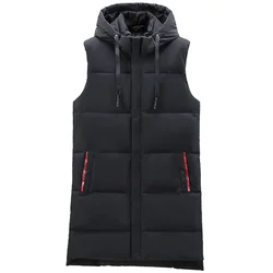 Autumn Winter Men Long Black Vest Hooded 2023 New Brand Fashion Thick Warm Cotton Padded Sleeveless Jacket Men's Clothes