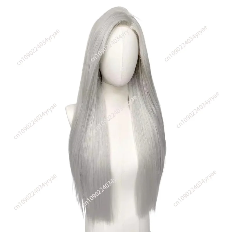 Front lace silver-white wig female long hair straight hair high temperature silk wig antique universal cos