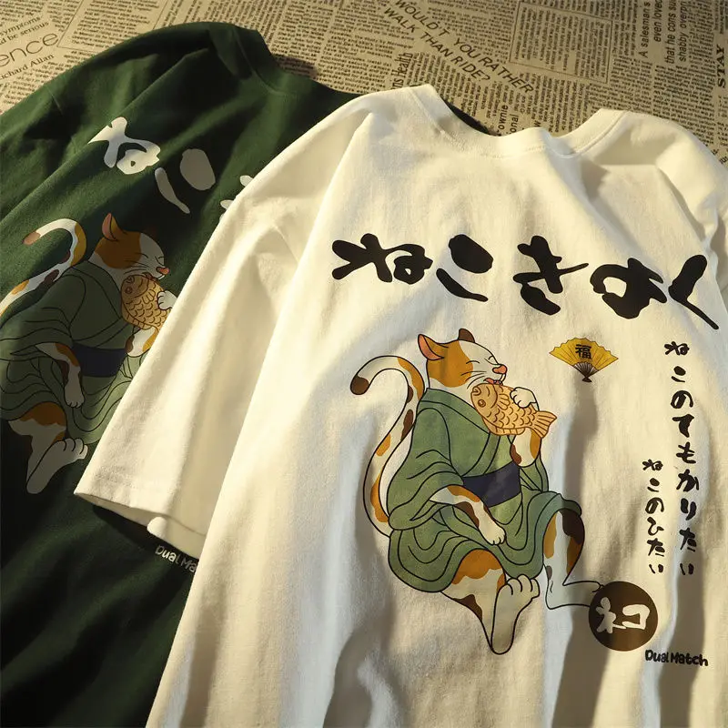 女性のためのヴィンテージカワイイキャットプリントTシャツ,ファッショナブルなユニセックスTシャツ,ルーズでカジュアルなヒップホップスタイル,半袖トップスy2k