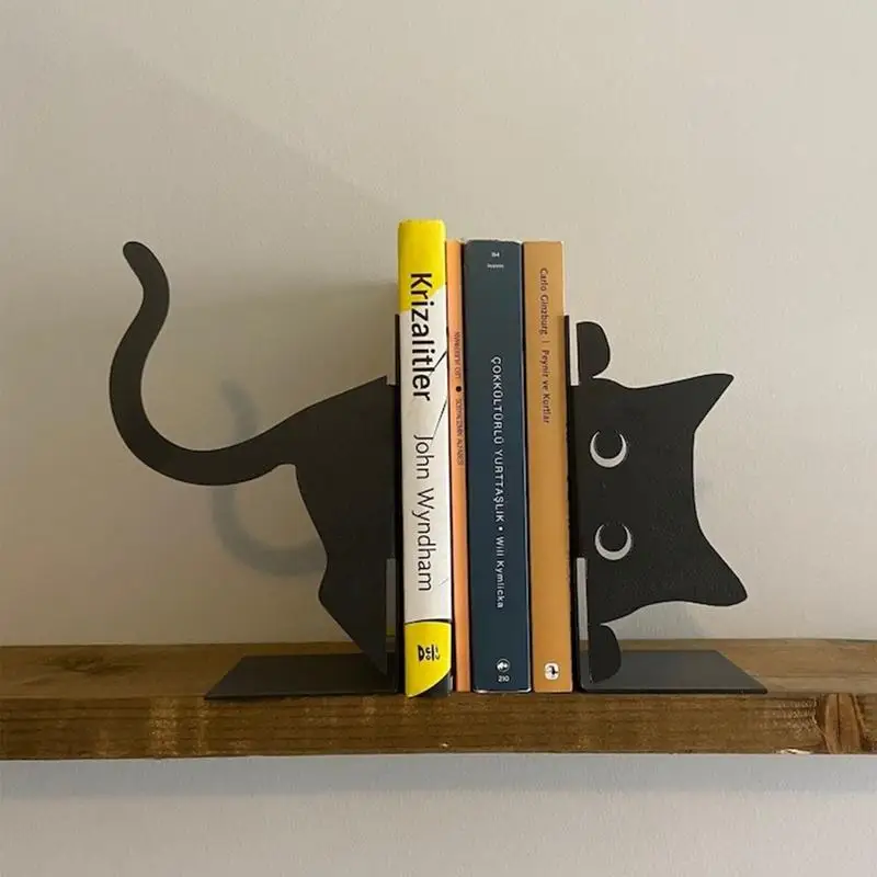 Metal Animal Bookends 1 Pair Cute Cat Bookends For Heavy Books Black Bookends Creative And Cute Cat Shape Desktop Organizer