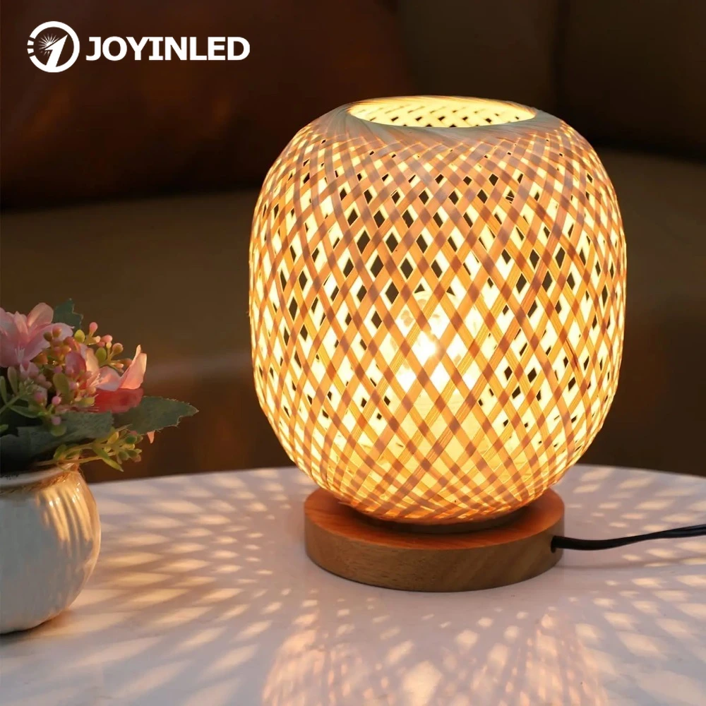 

2Pcs Bohemian Hand-woven Natural Bamboo Table Lamps Vintage Retro Vine Rattan Decorative Lights for Study Teahouse Restaurant