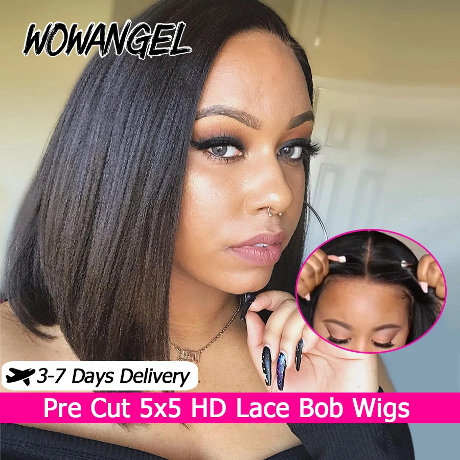 Yaki Straight Pre Cut 5x5 HD Парик с кружевной застежкой Человеческие волосы Jet Black Короткий боб Бесклеевые парики Крихкие узлы Готовые к работе Skins Melted