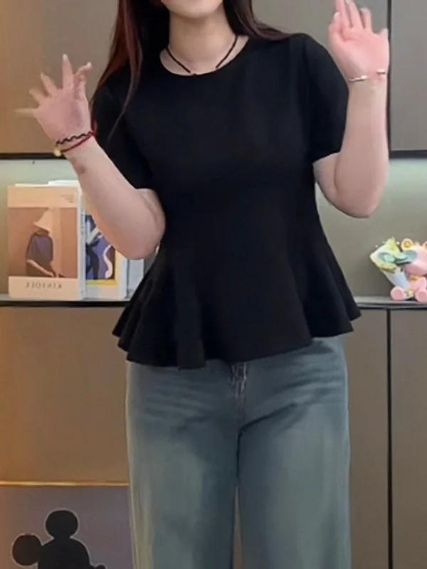 plus Size Summer ort Sve T-irt Women Slimming Waistline Floral  Cover Belly Slim Fit Bla Top Korean Sle Commute