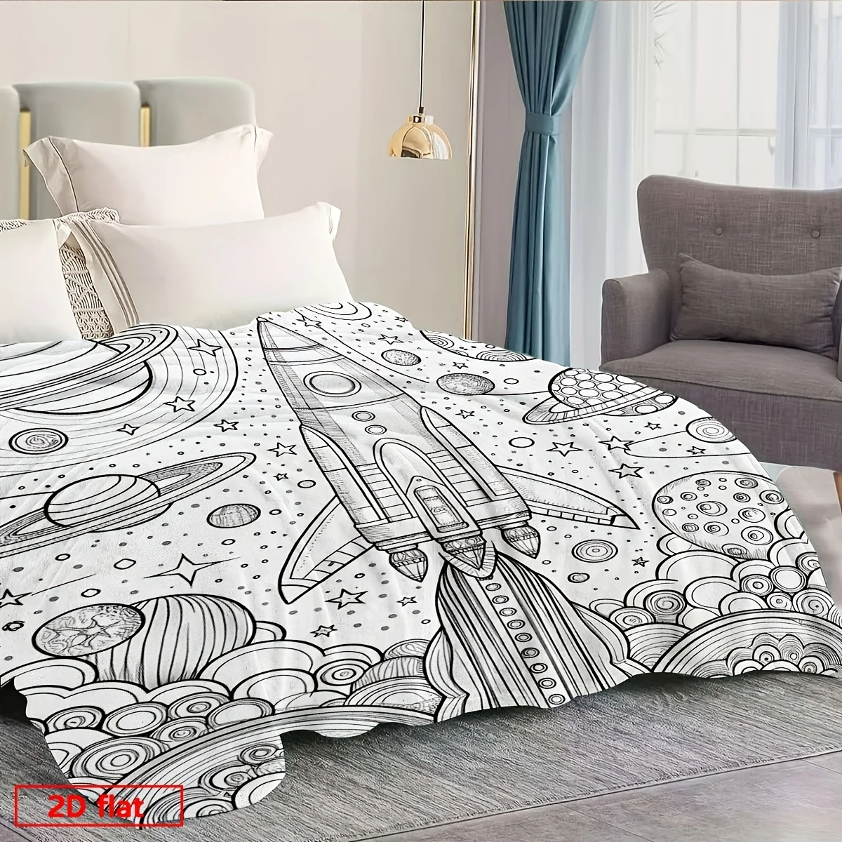 2D Flat Printed 1pc Flannel Flannel UniverseThemed Coloring Blanket, Black And White Line Drawing with English Labels, Space Roc