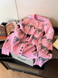 Koreańska moda damska Słodkie swetry rozpinane Jednorzędowe O-Neck Różowy Kawaii Cartoon Animal Sweter Casual Luźna dzianinowa odzież wierzchnia