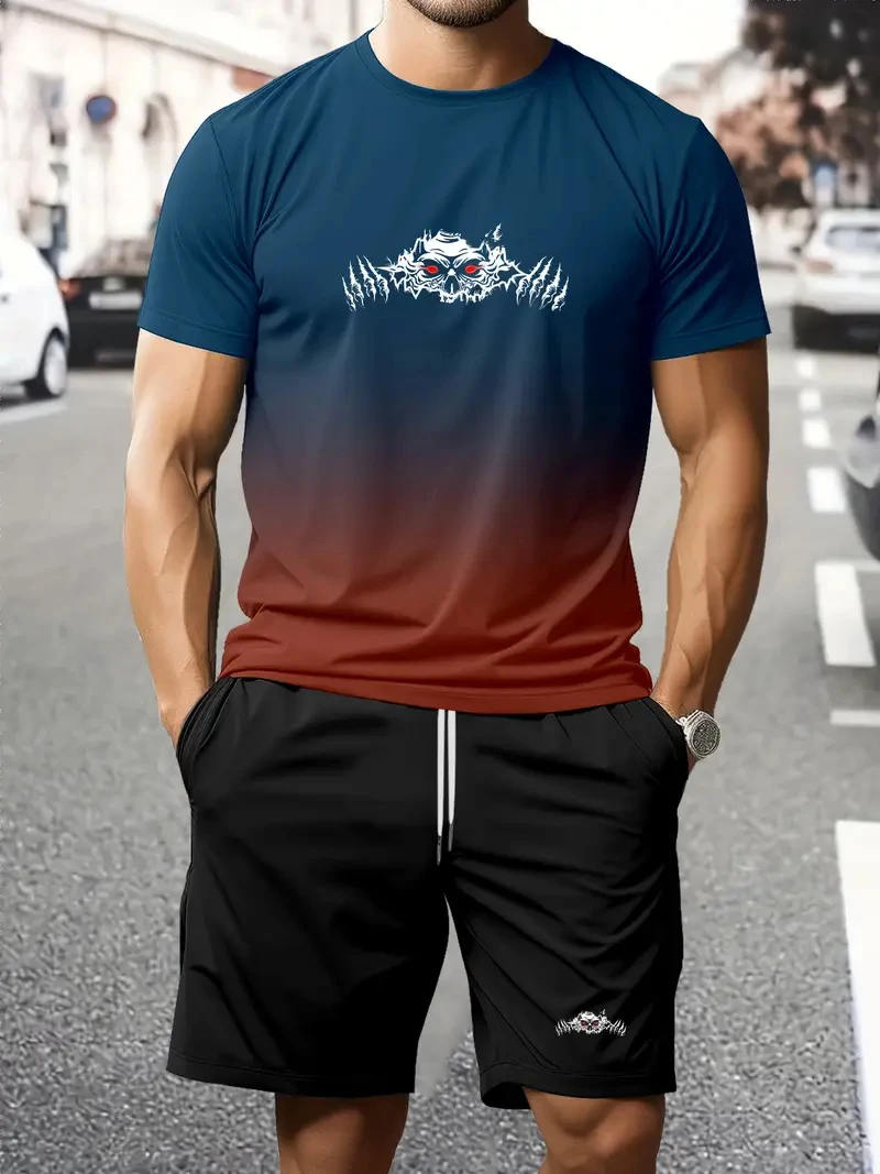 

Gradient Color Men's T-shirt Shorts Set 3D Skull Print Casual Loose Men Two-piece Suit Summer Comfortable Breathable Men Clothes