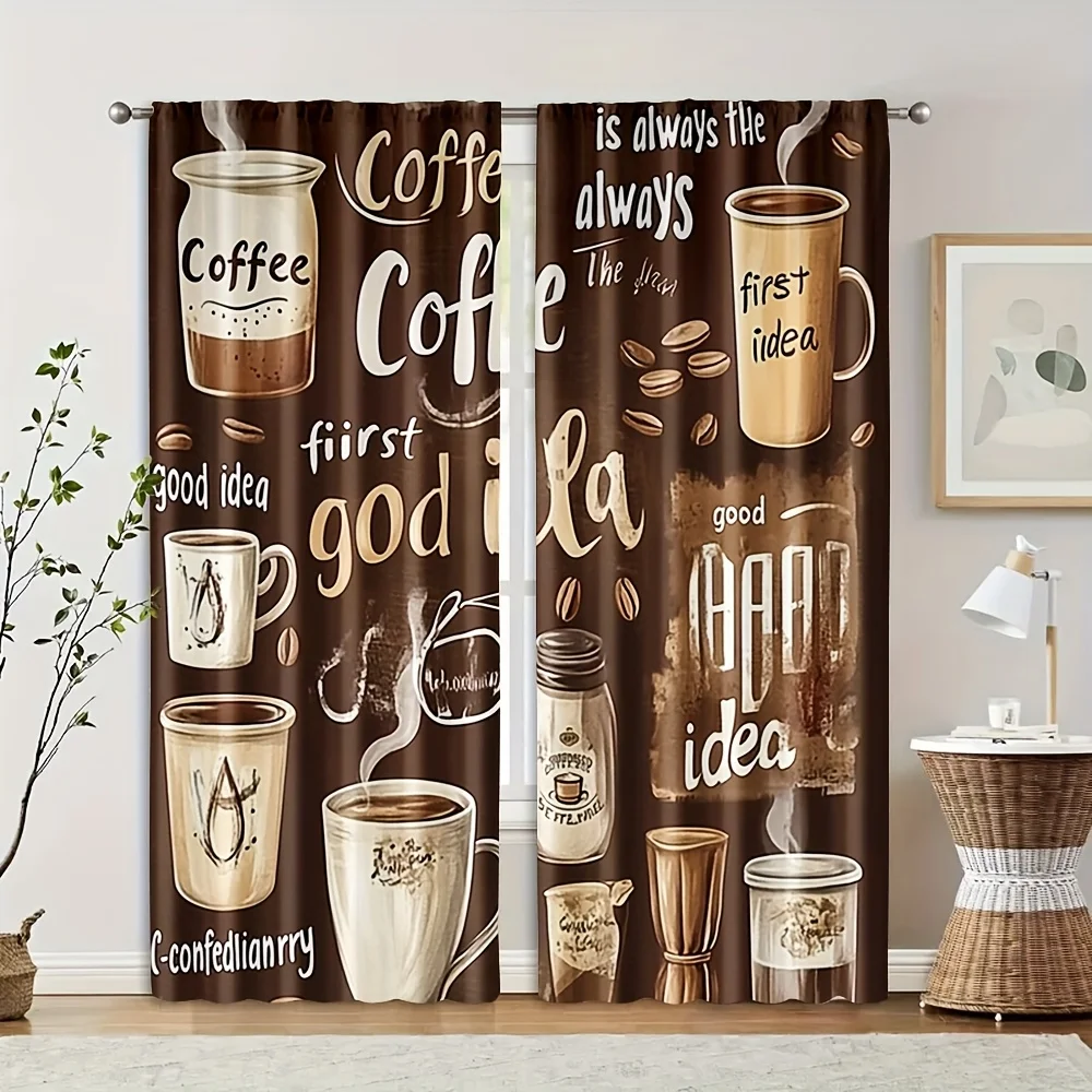2PCS Digital Printed Curtains, Dark Brown Coffee Cup Quote Pattern, Vintage Retro Style for Kitchen Cafe Dining Room Decor