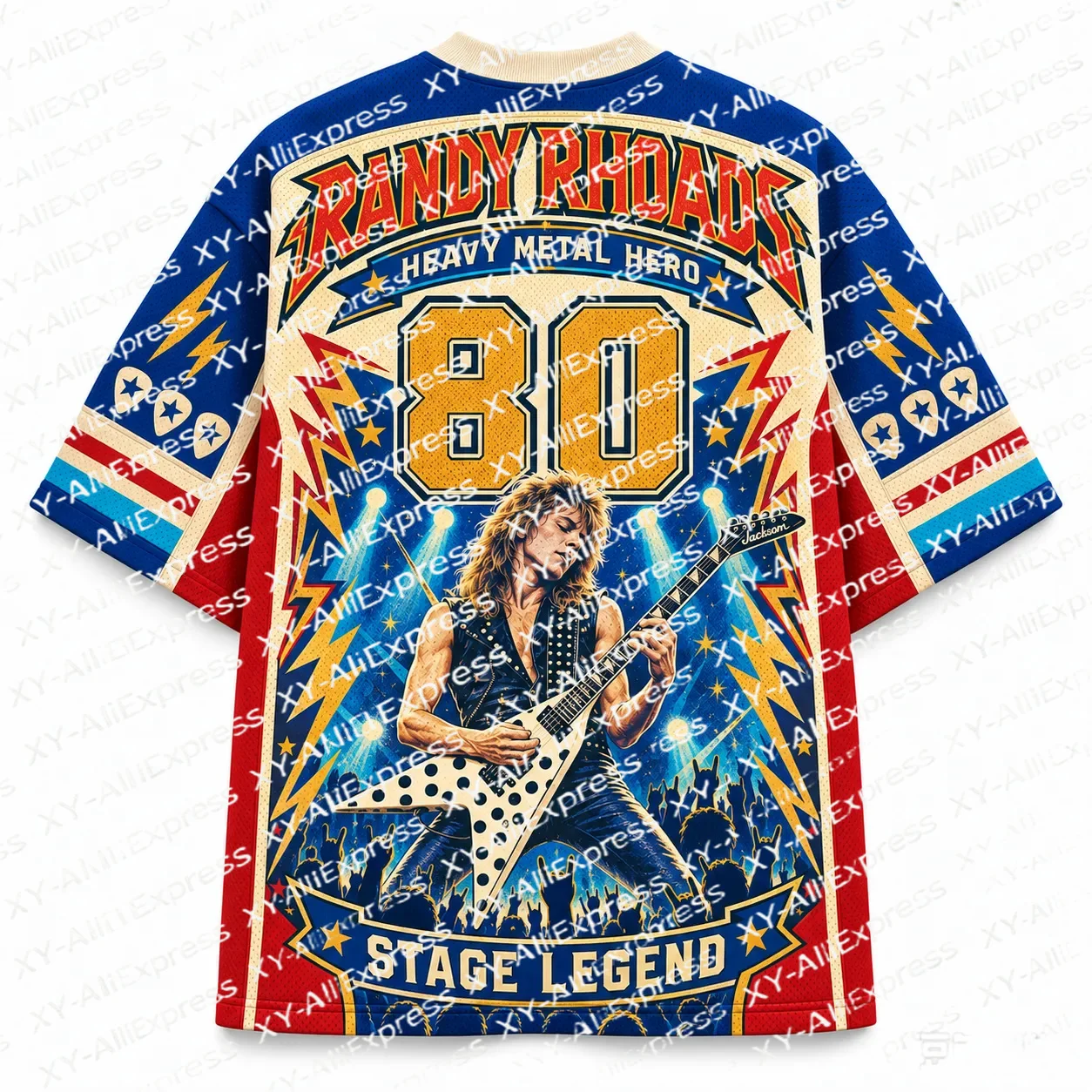 V-neck Football Jersey, 80s Heavy Metal Rock Print, Stage Lightning Guitarist Graphic, Loose Metal Music Street Style T-shirt
