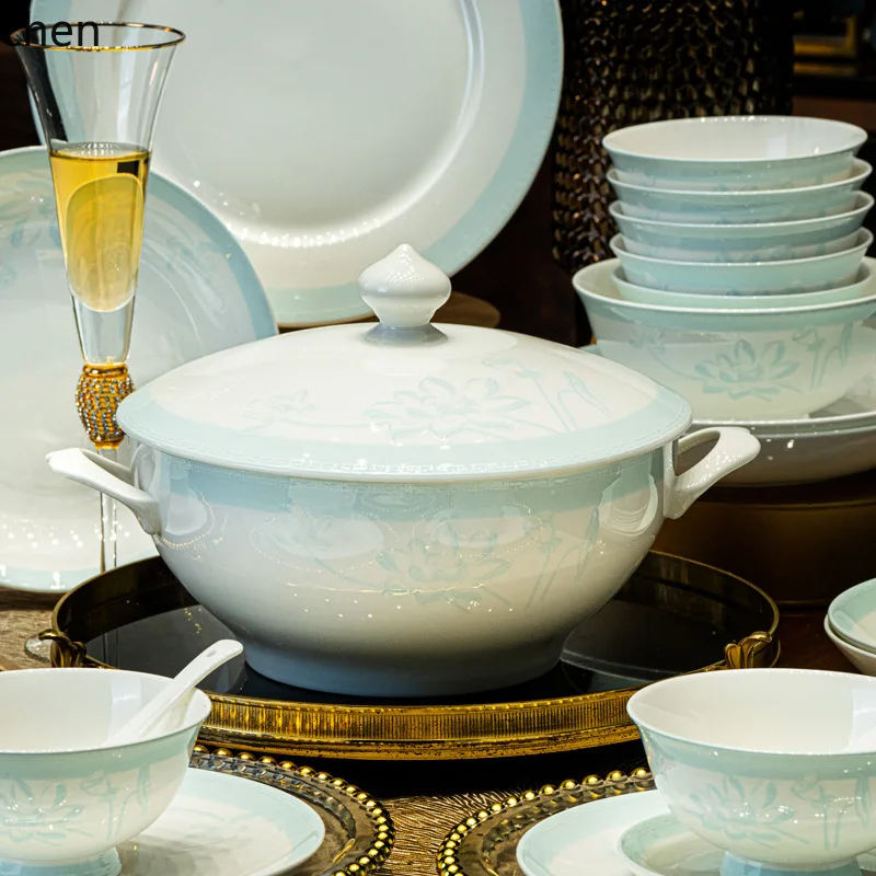 HT custom-made underglaze ceramic tableware set, Chinese-style bowls, chopsticks, plates, and dishes set