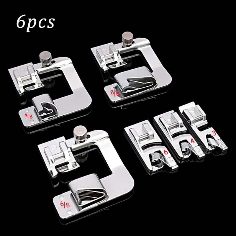 6pcs Sewing Accessories Rolled Hem Feet 4/8 6/8 8/8 and 3/4/6mm Sewing Machine Presser Foot Set Domestic Sewing Tools Essential