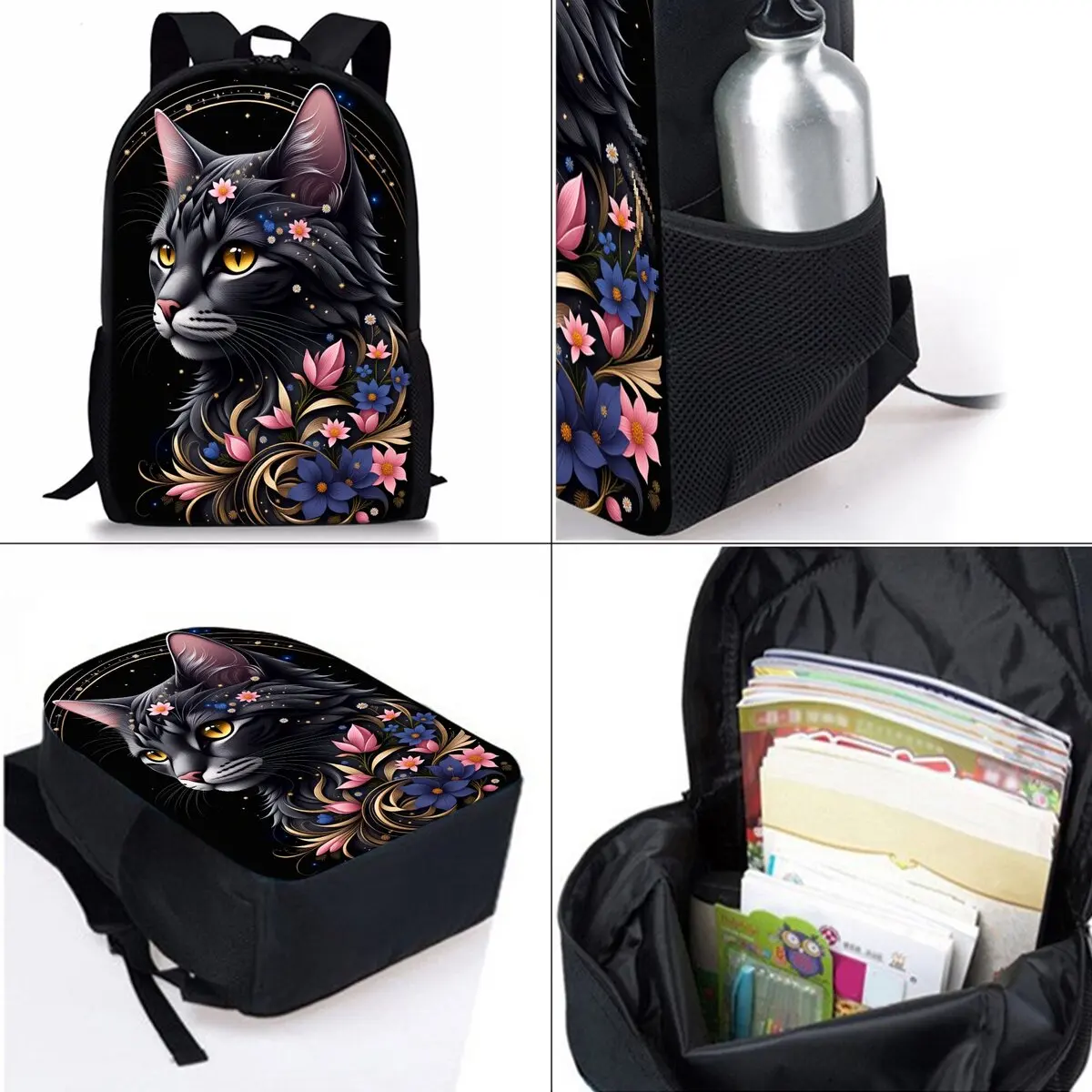 مجموعة حقائب ظهر مكونة من ثلاث قطع مطبوعة على شكل قطة سوداء على شكل زهرة للأولاد والبنات أفضل الهدايا حقيبة مدرسية كرتونية ثلاثية الأبعاد للأطفال