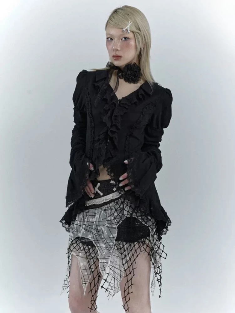 Houzhou Lolita Vintage Gothic Spitze Hemden Frauen y2k dunkle ästhetische unregelmäßige Blusen Yamamoto Stil Grunge Flare Ärmel Shirt