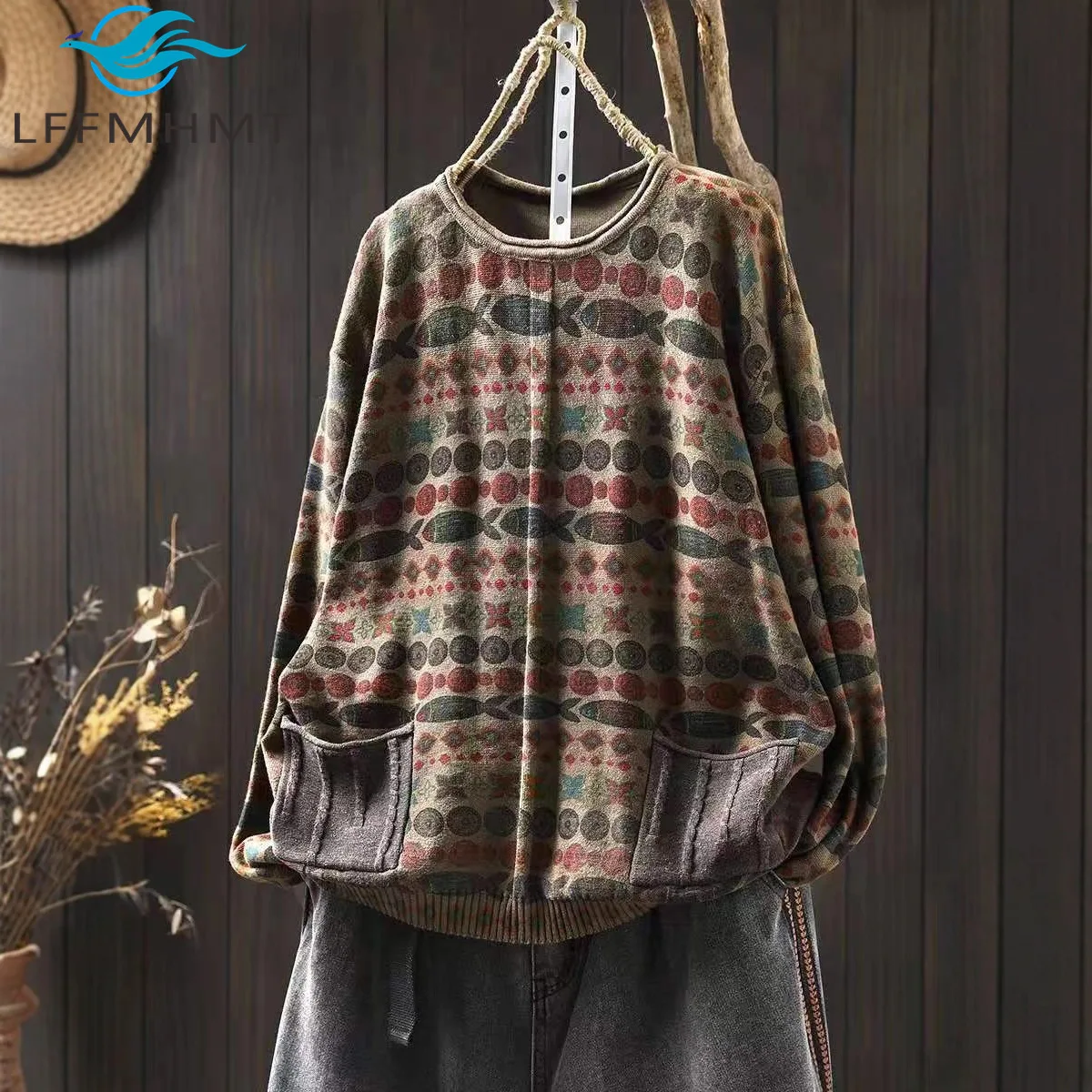 

Осень-зима 2022, женский винтажный свободный пуловер из хлопковой пряжи с винтажным принтом, художественный трикотаж с круглым вырезом и длинными рукавами