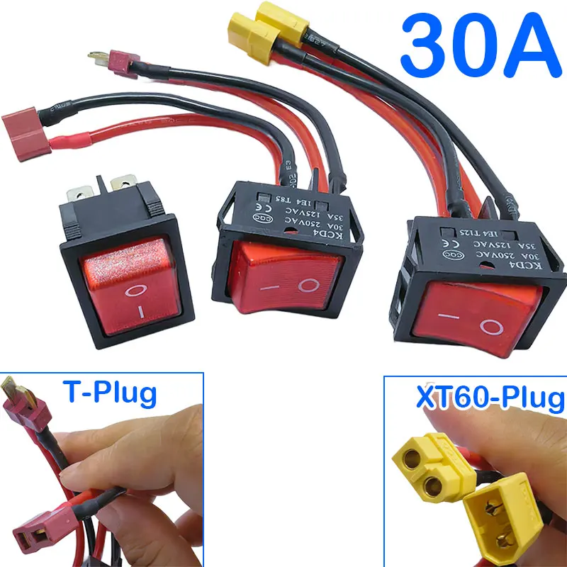 30A High Current Battery Power Switch XT60/T Plug 14AWG Cable 12V 24V For RC Bait Tug Boat 550 775 Brushed Motor