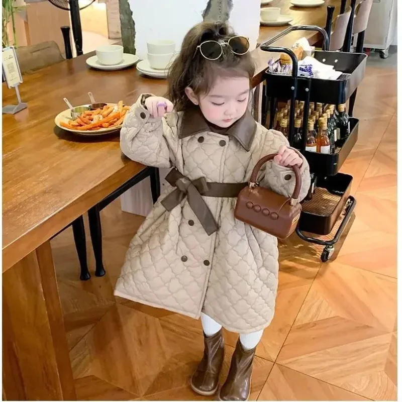Children\'s Coats Girls\' Cotton-padded PU Leather Clip Cotton Padded Coat Medium Long Coat Winter Coat Clothes for Girls