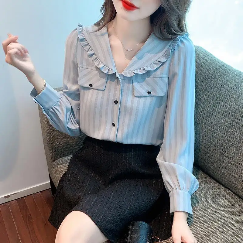 2023 Spring New Striped Peter Pan Collar Fashion Casual Korean Version Women\'s Clothing Loose Spliced Button Commute Blouse