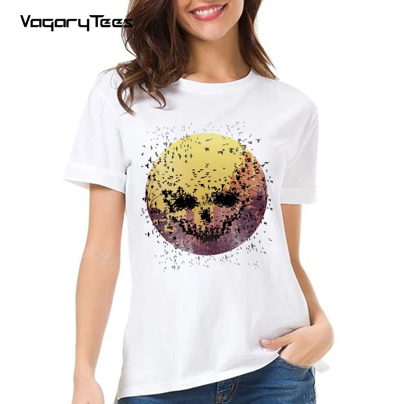 Vagarytees 2021 pássaros pôr do sol impressão camiseta feminina engraçado smiley t camisa verão novo branco casual camiseta unisex streetwear