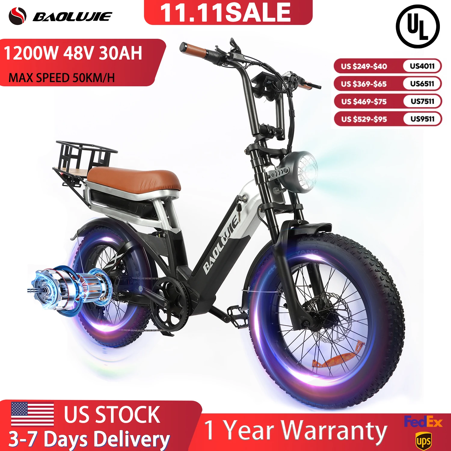 

【1 Year Warranty】BAOLUJIE 2033 1200W Ebike 48V 30AH Battery Electric Bicycle 50KM/H Max Speed 20"×4.0 Fat Tire Electric Bikes