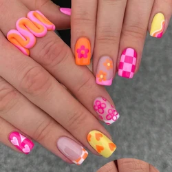ARTAUG 24PCS Short Press On Nails Square Colorful Flower Graffiti Nails Press On Nails Love Design On Nails Full Cover Fake Nail