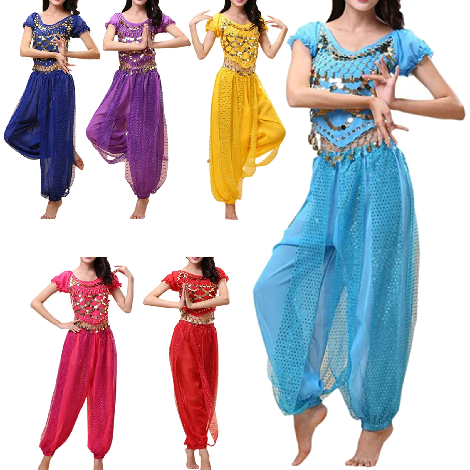 Women Ladies Bollywood Belly Dance Costumes India Arabian Stage Coins Lace-up Back Top Harem Pants Halloween Costume Cosplay