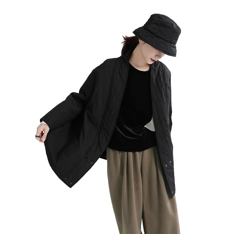 Winter fashion design diagonal buckle day black short cotton suit loose and thin coat women