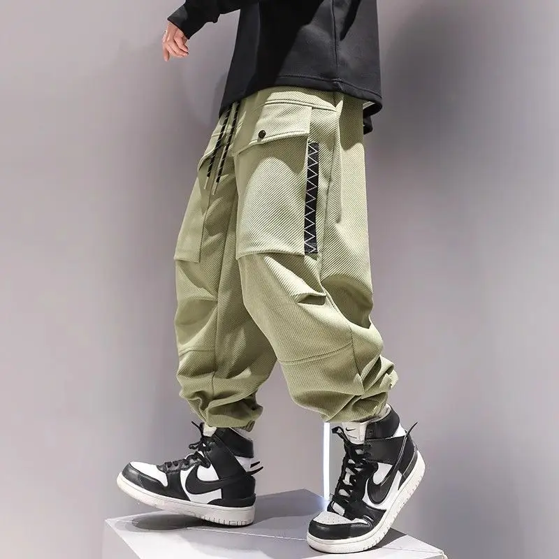 Spring Autumn Japanese Style Solid Color Trousers Men Loose Elastic Waist Drawstring Bound Feet Cargo Pants Pockets Male Clothes