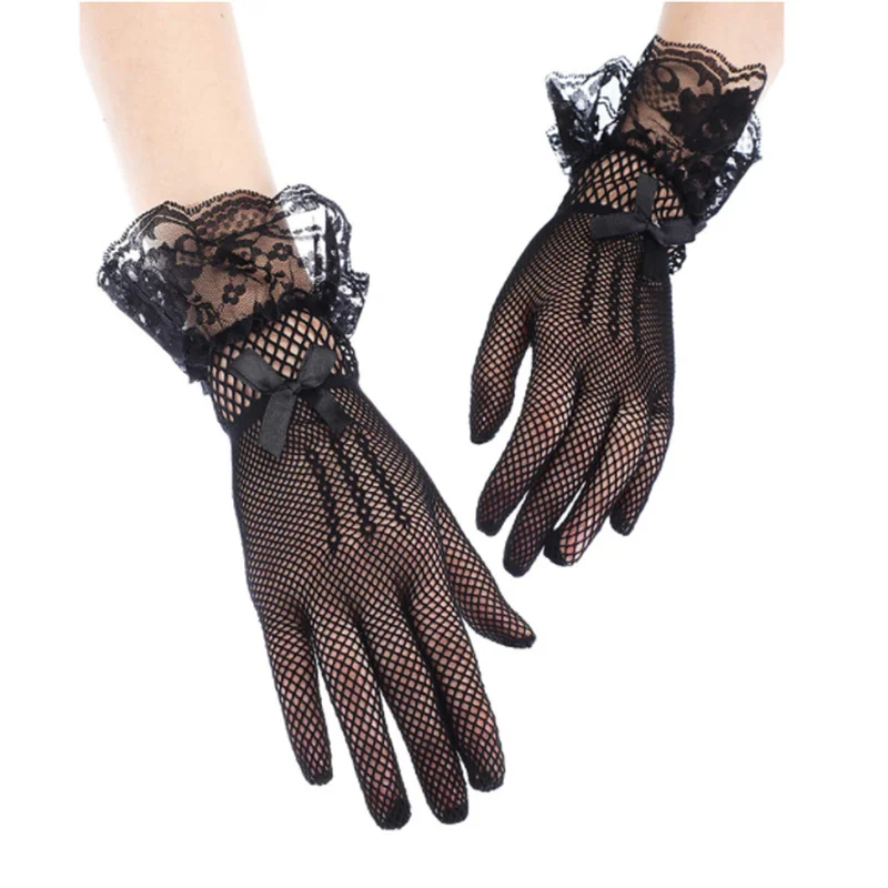 Guantes de malla a prueba de rayos Uv para mujer, manoplas de encaje de dedo completo, moda de verano, blanco y negro