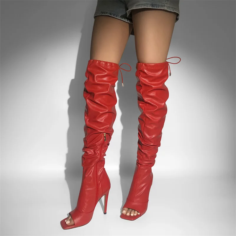 Onlymaker Women Peep Toe Red Over The Knee Boots Concise Fashion Stiletto High Heel Shoes Matte Black  Zipper  Boots