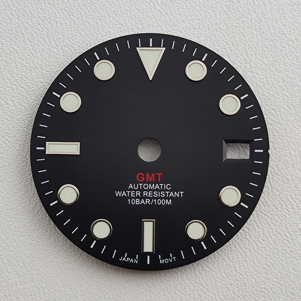 28,5 мм циферблат NH34 стрелки GMT четыре стрелки зеленый светящийся циферблат для часов NH34 модифицированный механизм запасные части для часов