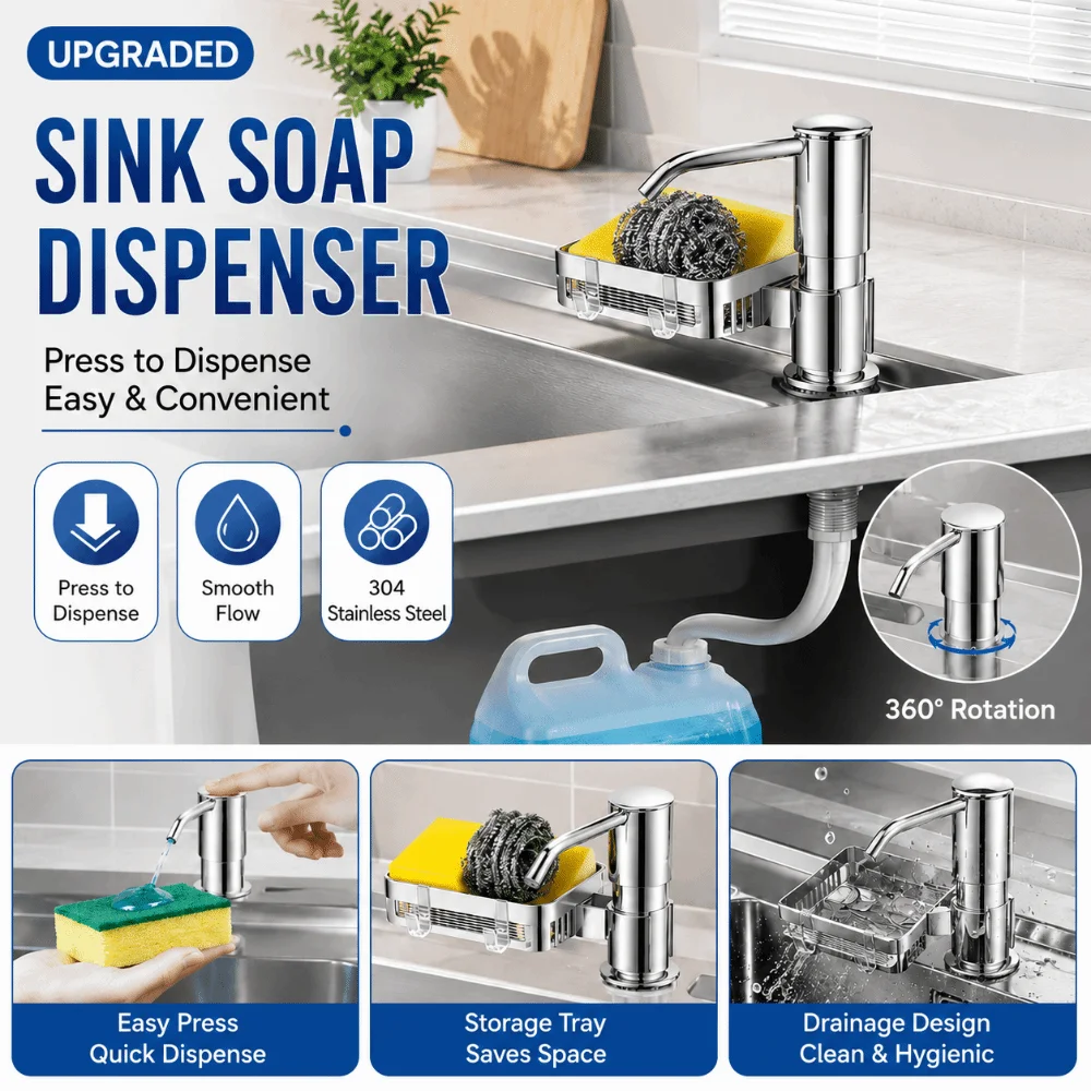 Aluminum Sink Soap Dispenser Extension Tube with Tray Dishwashing Liquid Dispenser Easy Install Countertop Soap Dispenser
