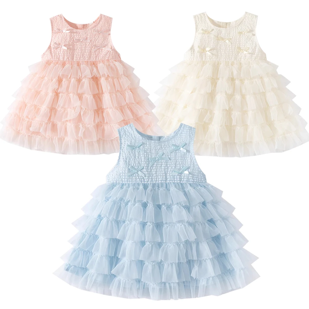 

Summer Girls Dress One-piece Ruffles Bow Dress Baby Princess Children's Clothing Vest Dress Solid Dresses Casual Sleeveless