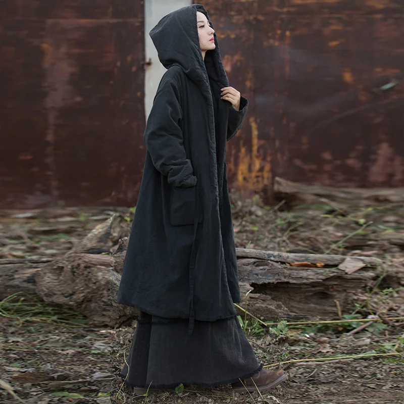 

Утепленный длинный хлопковый халат в стиле ретро Zen Wanderer с капюшоном, винтажный хлопковый халат с эффектом варки, из хлопка и льна, новинка