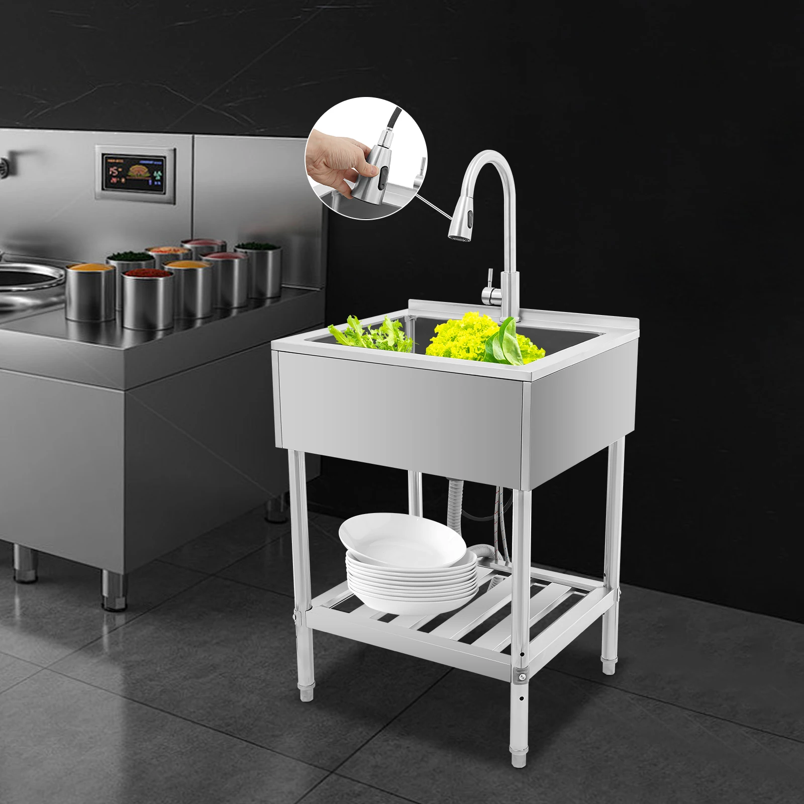 

25X22 Inch Stainless Steel Commercial Sink 100kg Load with 360° Rotatable Pull-Out Faucet Filter Basket and stand for Kitchen