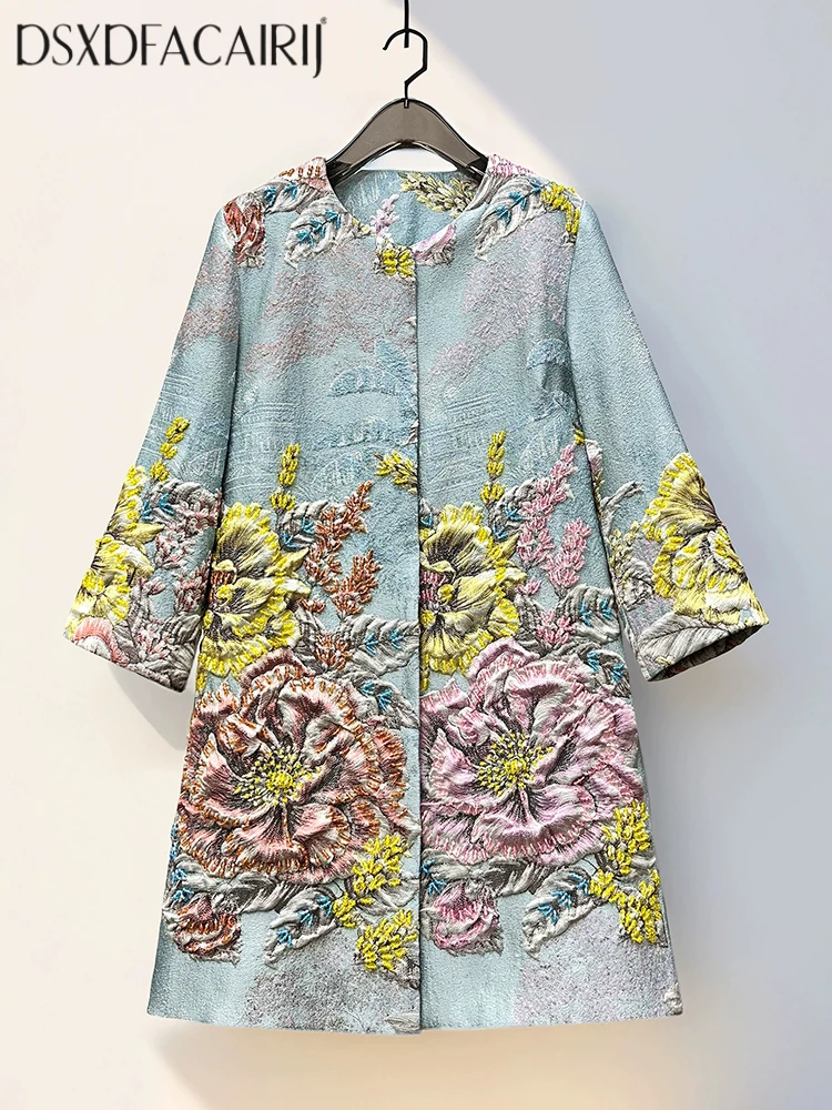 

DSFACAIRIJ Women's Vintage Concealed Coat O-Neck 4/3 Sleeved with Pockets Beading Jacquard Early Autumn Fashion Outerwear