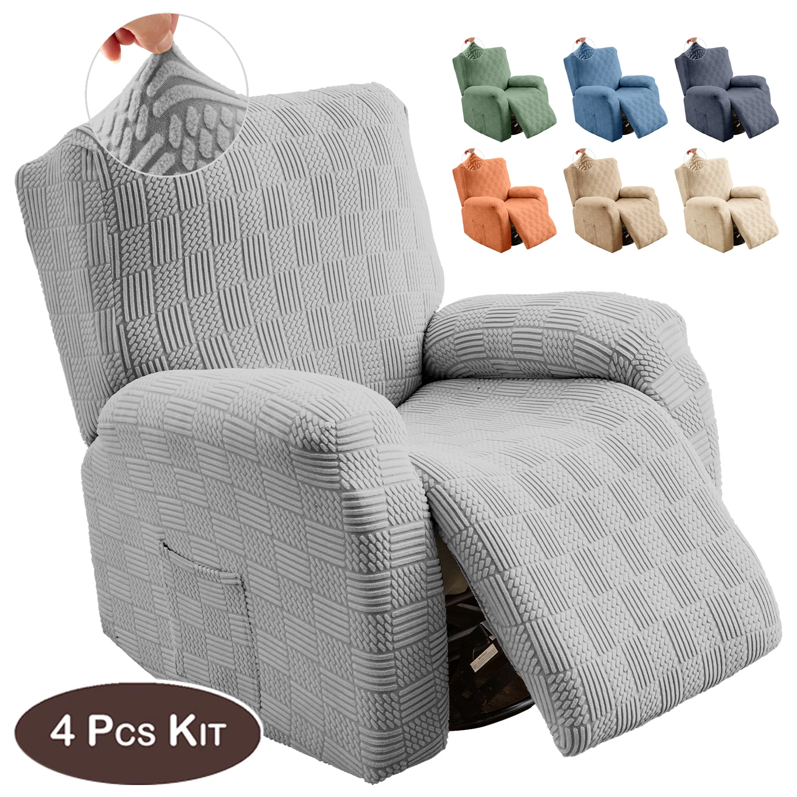 

4PCS Stretch Jacquard Recliner Cover for Living Room Chaise Lounge SofaCouch Slipcover Elastic Spandex Armchair Protector Pocket