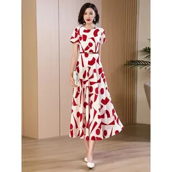 2024 Summer New Temperament Fashion Print Dress Slim Waist Round Neck Age-Reducing Fashion Long Short Sleeve Comfortable Dress