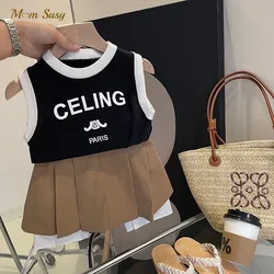 Fashion Baby Girl Cotton Sleeveless Tshirt Pleated Skirt Infant Toddler Child Vest Skirt Clothes Set Baby Clothes Outfit 1-10Y