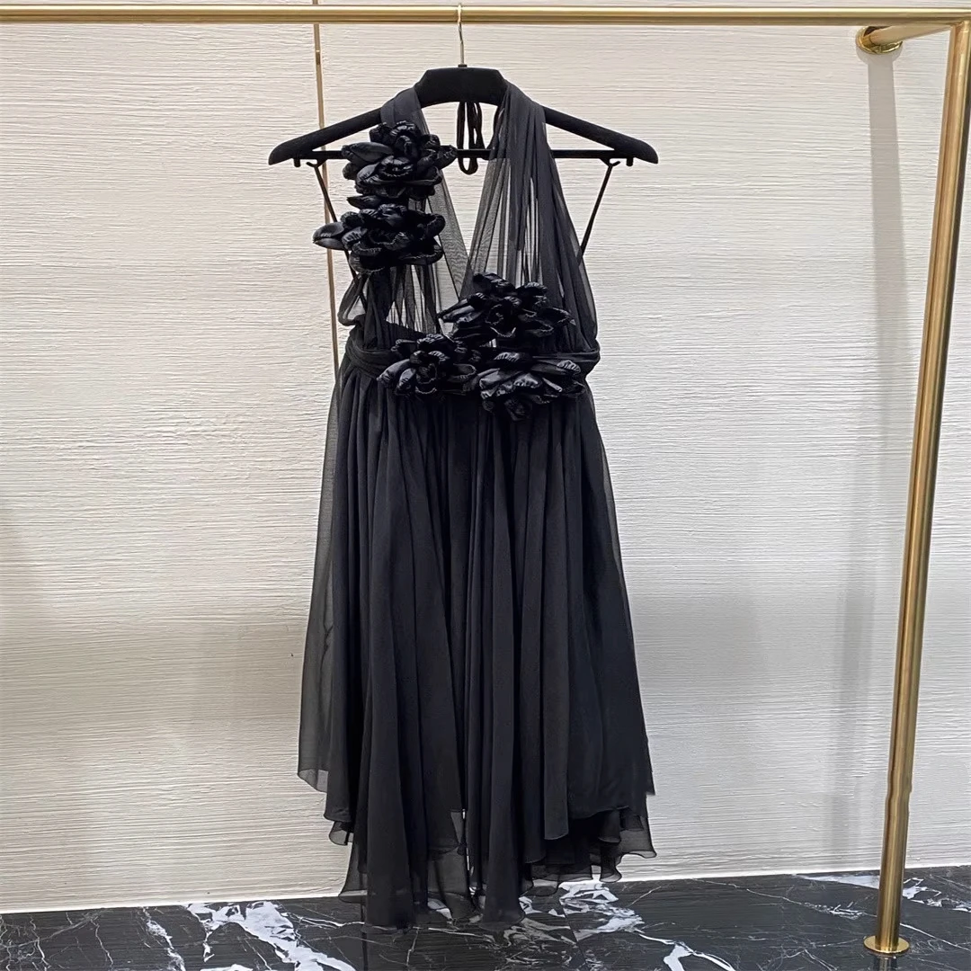 

Sexy Ladies Black Halter Dress Fashion Women's Backless Mini Dress 2025 Summer Silk Transparent Ball Gown Dress