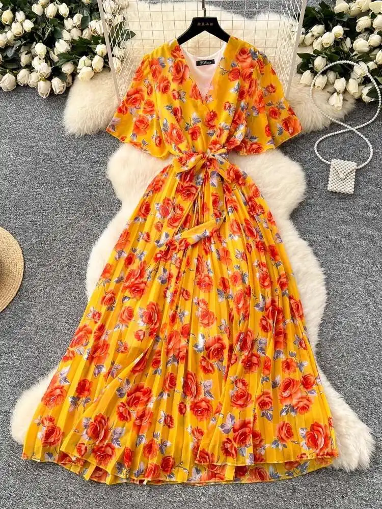 Mulheres elegante impresso vestido floral verão sexy com decote em v manga alargada chiffon vestidos longos senhoras magro bandagem longo robe vestidos