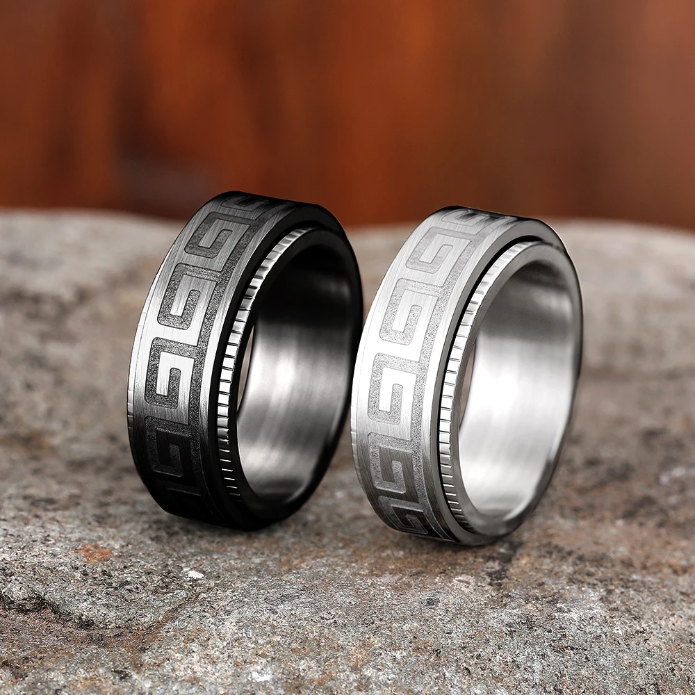 Huitan Eenvoudige Titanium Stalen Paar Ringen Mode Roterende Ring Voor Mannen Reliëf Grote Muur Patroon Sieraden Geschenken