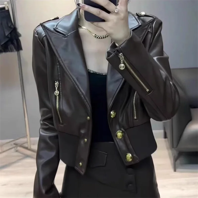 ジッパーラペルPUレザージャケット ソフトレザー ファッションデザインセンス ショートコート レディース 2025 春秋新作 アウター 女性用