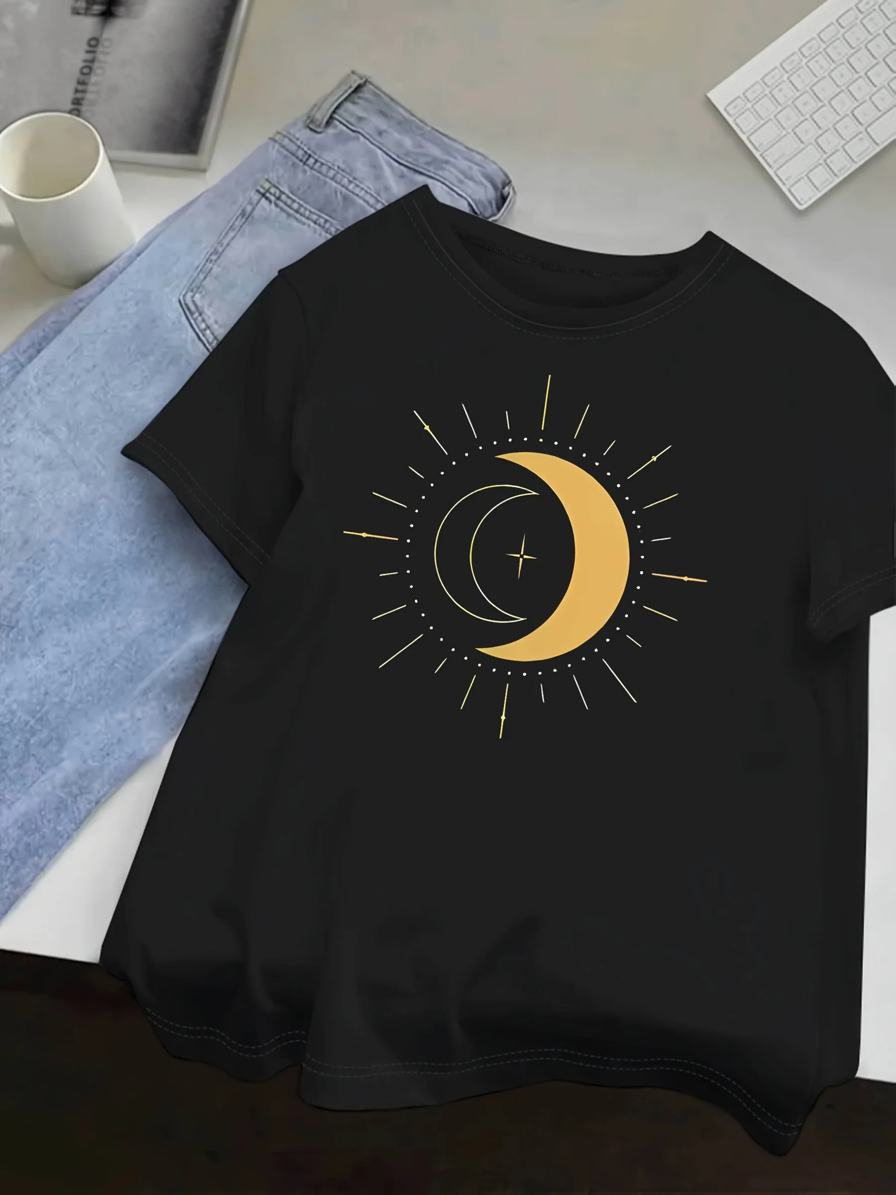 

Simple Double Moon Pattern T-Shirt Women's Crewneck Casual Short Sleeve T-Shirt Summer Harajuku Streetwear Tops Fashion Tees